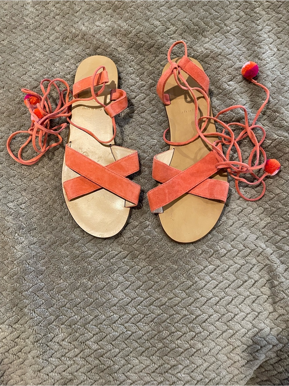 J. Crew Coral Suede Lace-Up Pom Pom Sandals